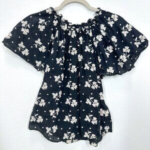 La Vie Rebecca‎ Taylor Flutter Sleeve Black Floral Embroidered Cottagecore